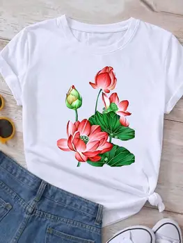 Grafik T Shirt Baskı tişört üst Kadın moda rahat giyim Çiçek Güzel Tarzı Trend Sevimli Tatlı Kadın Kısa Kollu Tee