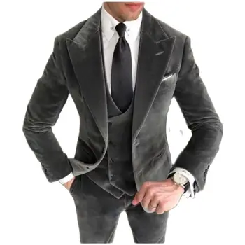 Gri Kadife Erkek Takım Elbise 3 Adet Blazer Custom Made Pantolon Yelek Resmi Balo Düğün Damat Blazer Setleri Erkek Giyim Kostüm Homme