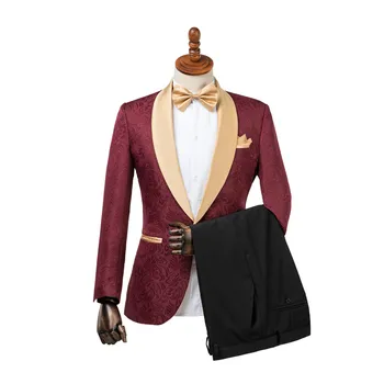 Gwenhwyfar Ceket Pantolon Tasarım Smokin Damat Bir Düğme Bordo Altın Şal Yaka Custom Made Örgün Sağdıç Erkekler Düğün Suit