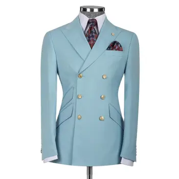 Gök Mavisi Klasik 6 Düğmeler Erkek Takım Elbise Slim Fit 2 Parça Ceket Pantolon / Kruvaze Düğün Damat En Iyi Adam Özel Yapılmış Giysiler