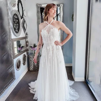 Halter Backless Boho Şifon düğün elbisesi Bir Çizgi Custom Made Dantelli Örgü Romantik Çiçek Dantel Aplike Backless gelinlikler
