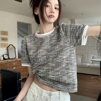 Harajpee Örme Puf Kollu T-shirt O Boyun Dikiş Kore Moda Şık Basit Gevşek Yaz Yeni Kazak Kadınlar Casual Tops