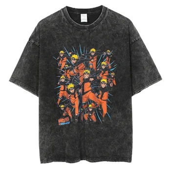 Harajuku Streetwear Yıkanmış Naruto Anime T-Shirt Moda Japon T-shirt pamuklu Tişört Erkekler Yaz Kısa Kollu Vintage Tee Siyah