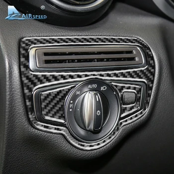 HAVA hızı LHD Karbon Fiber Mercedes Benz için W205 C Sınıfı C180 C200 C300 GLC Aksesuarları Araba Far Anahtarı Kapağı Trim Sticker