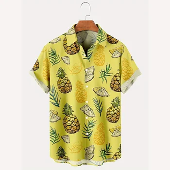 Hawaii Tarzı Sarı Ananas 3d Baskılı erkek gömleği Kısa Kollu Yaka Gömlek Moda Tatil Üst Aloha Gömlek Kıyafet
