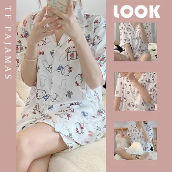 Hello Kitty Pijama Setleri Kawaii Sanrio kız Anime Gecelik Pijama Takım Elbise yüksek kaliteli yay Yaz Kısa Kollu Hırka Seti