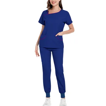 Hemşire üniforması Tulum Kadınlar Katı Renk Kısa Kollu Düzensiz Boyun Tunik Pantolon Hemşirelik Çalışma İş Giysisi İşçiler Scrubs Takım Elbise