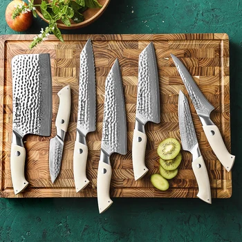 HEZHEN 7 ADET Bıçak Seti Şef Bıçağı 67 Katmanları Şam Çelik Mutfak Santoku Bıçaklar Pişirme Araçları Çatal