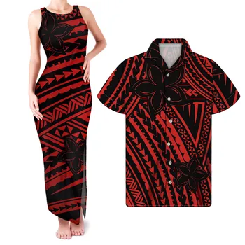 HYCOOL Toptan Bayan Kolsuz Kırmızı Abiye Bodycon Maxi Elbise Bayanlar Yaz Polinezya Tribal Baskı Çift Elbise Seti