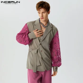 INCERUN Erkekler Blazer Dantel Patchwork Yaka Uzun Kollu Düğme Erkek Rahat Takım Elbise Streetwear Lace Up 2023 Moda İnce Palto S-5XL