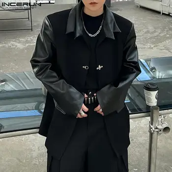INCERUN Üstleri 2023 Kore Tarzı erkek Metal Toka Ekleme Blazer Moda Sokak İmitasyon Deri Uzun Kollu Takım Elbise Mont S-5XL