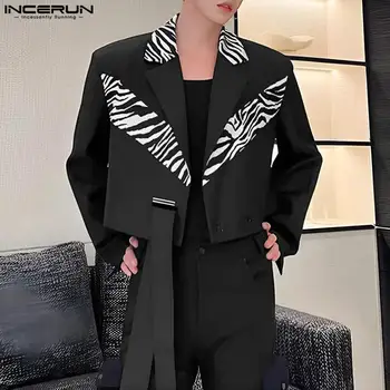 INCERUN Üstleri 2023 Kore Tarzı Erkekler Zebra Desen Patchwork Tasarım Blazer Casual Streetwear Kırpılmış Uzun Kollu Takım Elbise Mont S-5XL