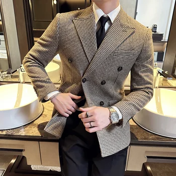 Ingiliz Tarzı Kruvaze Smokin Moda Ekose Blazer Ceketler Erkekler için Giyim İş resmi giysi günlük giysi Mont 3XL-M
