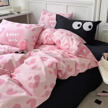 Ins Sevimli Pembe nevresim takımı yatak çarşafı Seti Polyester Düz yatak çarşafı Yastık Kılıfı Sevimli Kawaii Ev Tekstili Kızlar Çocuklar İçin çarşaf