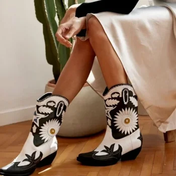 IPPEUM Batı kovboy çizmeleri Çiçek kovboy Çizmeleri Tıknaz Topuklu Kama Çizmeler kadın ayakkabıları Kış Ayçiçeği Çizmeler Lüks Markalar
