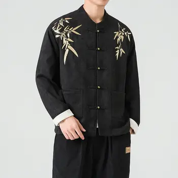 İlkbahar Sonbahar Vintage Zen Takım Elbise Ceket Çin Tarzı erkek Giyim Moda Standı Yaka Bambu İşlemeli Tang Takım Elbise pardösü