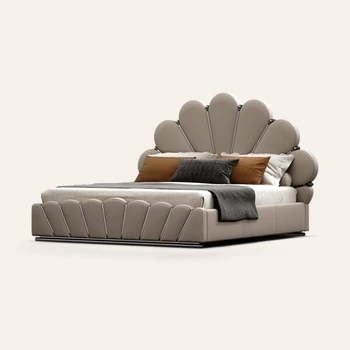 İtalyan minimalist yatak, deri düğün yatağı, modern minimalist tasarımcı ev yatak odası, hafif lüks yatak, ana yatak odası