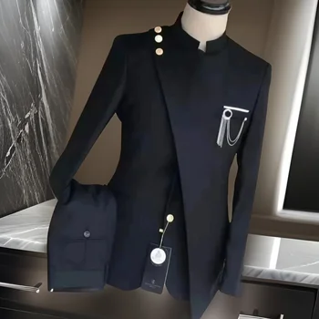 İtalyan Tarzı Standı Yaka ile Erkekler için Takım Elbise 2 Adet İş Ceket Pantolon ile Erkek Moda Düğün Damat Smokin Custom Made