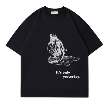 Japon Yohji Yamamoto Pamuklu erkek tişörtleri Yaz Soyut Genç Kız Baskı kadın Rahat Gevşek Yuvarlak Boyun Kısa Kollu Tees