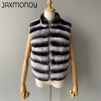 Jaxmonoy Doğal Tavşan Kürk Ceket Kadınlar ıçin Kış Gerçek Rex Tavşan Kürk Yelek Bayanlar Moda Patchwork Yün Karışımı Yelek Güz