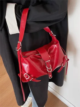 JIAERDİ Vintage Kırmızı Y2k Çanta Kadın Retro Sıcak Kızlar Fermuar Pu Deri Çanta Çanta Bayanlar Moto Biker Koltukaltı Çanta Bolso Mujer