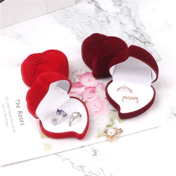 Kadife Kalp Çiçek Mücevher Kutusu Çift alyanslar Kutusu Takı saklama kutuları Hediye Kutusu Düğün Nişan Önerisi Yıldönümü