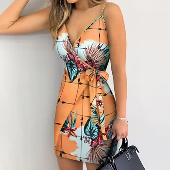 Kadın elbise Spagetti Kayışı midi Elbise Düşük Kesim V Yaka Kolsuz Backless Dantel-up Sling Elbiseler Çiçek Baskı Vestidos 2023