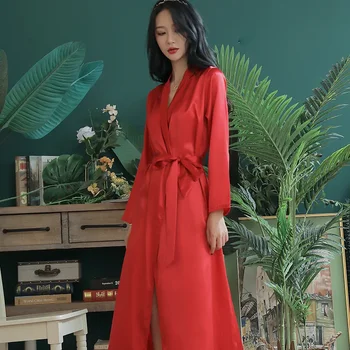 Kadın Ev Sabahlık Ultra Uzun Kimono Bornoz Elbisesi Katı Saten Gecelik Kadınlar Seksi Pijama Banyo Elbisesi Salonu