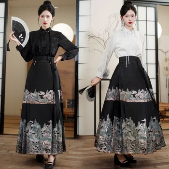 Kadın Giyim Ming Sistemi Ayakta Yaka Kısa Gömlek Kumaş Etek At Hanfu Vintage Saten Günlük Takım Elbise Baskı Boyama