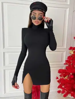 Kadın İlkbahar Sonbahar Uzun Kollu Bodycon Düz Renk Siyah İnce Paket Kalça Mini Elbise 2022 Kadın Giyim Streetwear