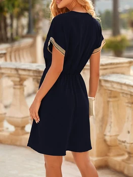 Kadın Kap Kollu Yaz Elbiseler V Boyun Dantel Trim İpli Bel Parti Elbiseler Bir Çizgi Dökümlü Plaj Güneş Elbise