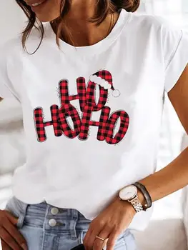 Kadın Moda Noel Yeni Yıl Tatil Tee Elbise Ekose Mektup Eğilim Giyim Baskı Grafik Kısa Kollu T Kadın T-Shirt