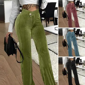 Kadın Pantolon Yüksek Bel Çizgili Doku Geniş Bacak Gevşek Elastik Bel Sıkı Düz Bacak Rahat Bayan Bahar Sonbahar Uzun Pantolon