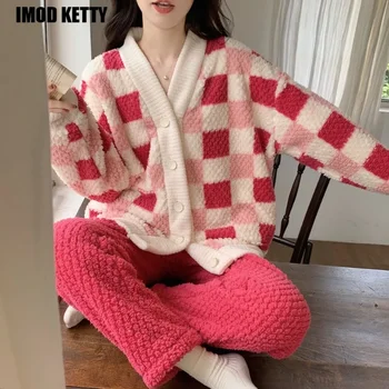 Kadın Rahat Pijama Setleri Sonbahar Kış kore pijamaları Kadınlar için Dama Tahtası Mercan Peluş Sevimli Hırka Pijama Ev Giysileri