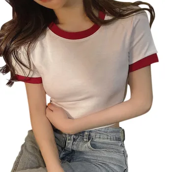 Kadın Renk Bloğu T-shirt Kırpma Üstleri Yetişkinler Yaz Slim fit Kısa Kollu Yuvarlak Boyun Kazak kadın Giyim 2022 Moda
