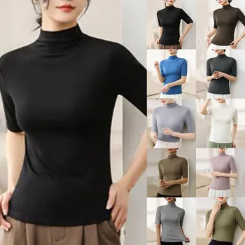 Kadın Slim Fit Altlık kısa kollu tişört Orta Kollu Çok Yönlü Düz Renk Üst Kadınlar için Pamuk Bayan Tunik Üst