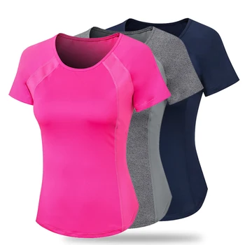 Kadın Slim Fit Yoga Kısa Kollu Tee Yuvarlak Boyun Spor T shirt Spor Koşu Koşu Nefes Hızlı Kuru Örgü Üst Özel Logo
