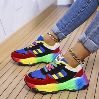 Kadın vulkanize ayakkabı Moda Nefes Deri Koşu Platformu Sneakers 2023 Sonbahar Yeni Renk Rahat Dantel-up Kadın Ayakkabı