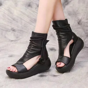 Kadın Yaz Roma Sandalet Botları 2023 Orta Topuklu Takozlar Ayakkabı Bayanlar Vintage PU Deri Sandalias Zapatos De Mujer