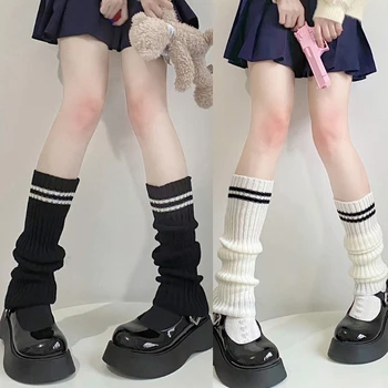 Kadın Öğrenci Çift Çizgili Örgü bacak ısıtıcıları Japon Tiki Tarzı okul üniforması Lolita bot kılıfı Tığ Nervürlü Streç Tüp