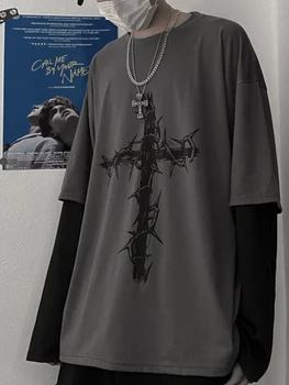 Kadınlar Büyük Boy Tişörtleri Y2K Peri Grunge Gömlek Punk Gotik Uzun Kollu Üst Vintage Grafik Tees Casual Streetwear