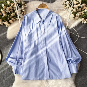 Kadınlar Günlük Giyim T-shirt Katı Dönüş Aşağı Yaka Uzun Kollu Gevşek Tek Göğüslü Bluzlar Kadın Bahar Sonbahar Çok Yönlü Gömlek Tops