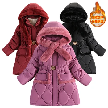 Kalın Sıcak Tutmak Giyim Kış Kız Ceket Eşarp Şapka Peluş Yaka Kapşonlu Palto Yastıklı Parka Çocuklar Çocuklar İçin Soğuk Giysiler