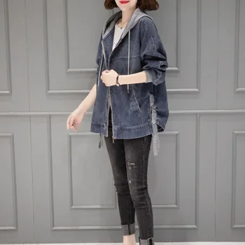 Kapşonlu İlkbahar Sonbahar Giyim Kadın Jean Ceket Denim Ceket Kadınlar için Patchwork Streetwear 2023 Modelleri Y2k Moda Kore Yeni