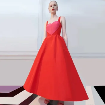 Kare Mat Saten A-line Abiye Ayak Bileği Uzunluğu Uzun Kırmızı Kadın Giysileri Zarif Yeni moda balo kıyafetleri Custom Made