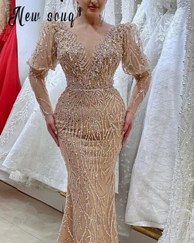 Katı Şampanya Parti Elbise Arapça Müslüman Uzun Kollu Mermaid Boncuklu Balo Abiye Düğün için Moda 2023 Gece Yemeği Elbiseler