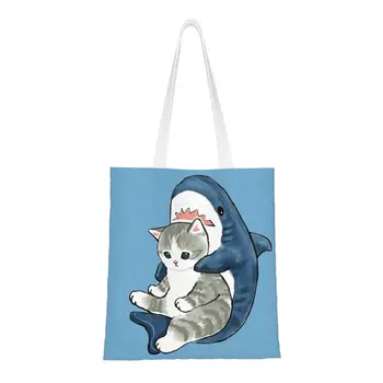 Kawaii Anime Karikatür Hayvan Kedi Köpekbalığı bez alışveriş çantası Kullanımlık Bakkal Tuval Alışveriş omuzdan askili çanta