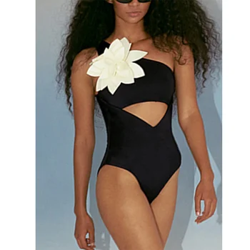 Kesme Çiçek Süslenmiş Tek Parça Mayo Tatil Beachwear Sörf Giyim Yaz Plaj Katı Push Up 2022 Kadın Mayo