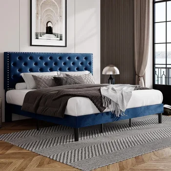 King - size yatak çerçeve, kadife yastıklı platform yatak ayarlanabilir elmas düğme tafting ve tırnak kafa dekorasyon başlık, yatak