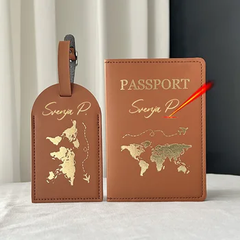 Kişiselleştirilmiş Çift Pasaport Tutucu Sevimli Harita Pasaport Çantası Bagaj Etiketleri ile seyahat cüzdanı Organizatör Seyahat Aksesuarları